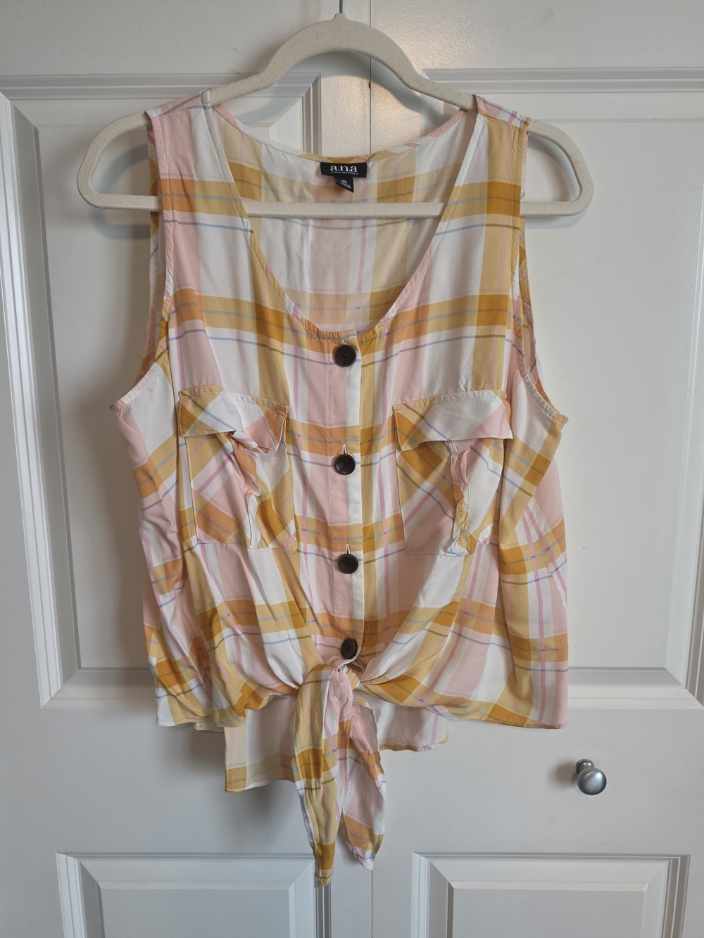 a.n.a Pink, Yellow and White Plaid Tie-Front Tank button up